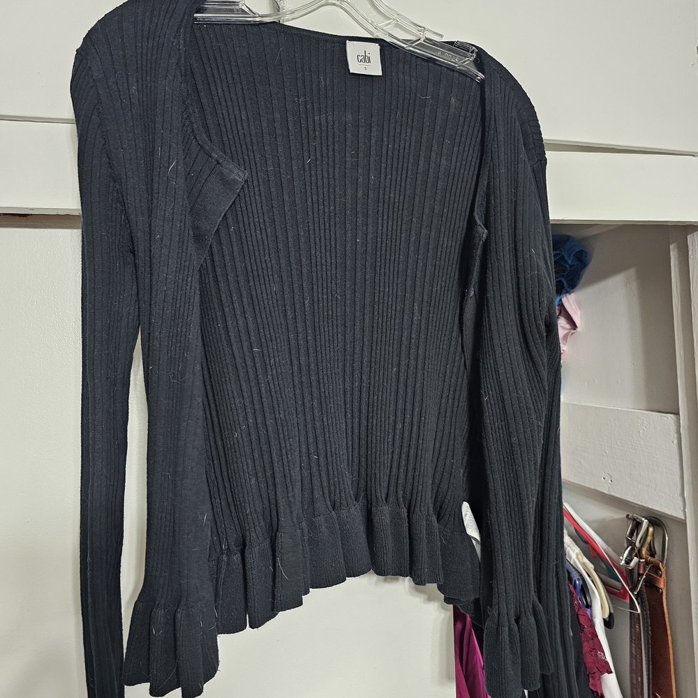 CAbi Black Ribbed Sweater with Ruffle Hem